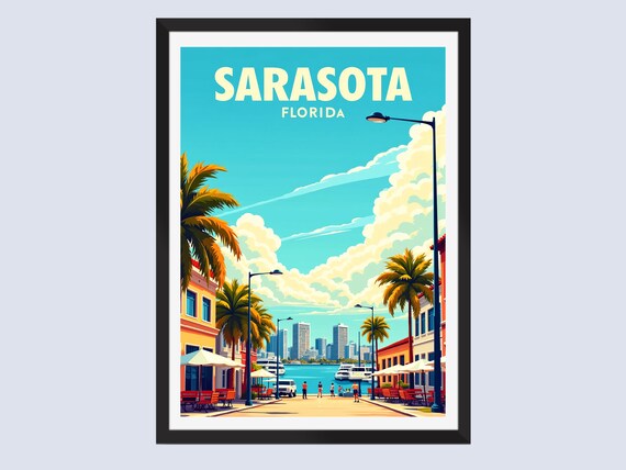 Sarasota Florida Retro Travel Poster Marina Palms Waterfront City