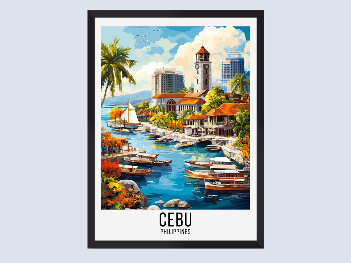 Cebu Philippines Harbor Boats and Clock Tower Coastal Travel Poster