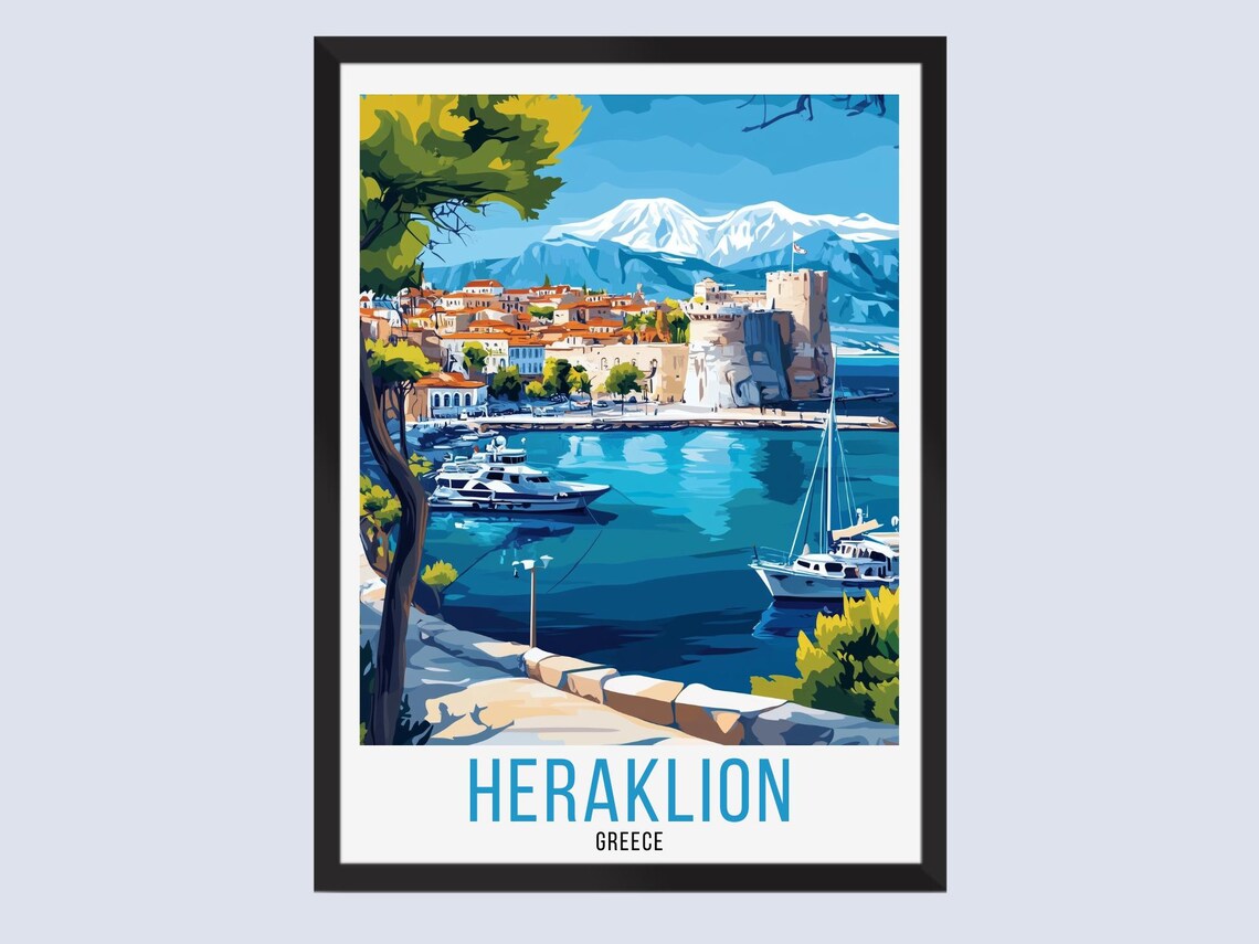 Heraklion Greece Bay Boats Mountains Retro Seaside Travel Poster