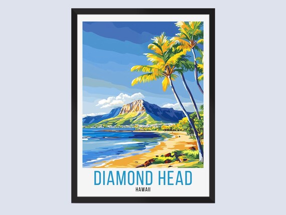 Diamond Head Hawaii Waikiki Beach Palms Classic Vintage Travel Poster