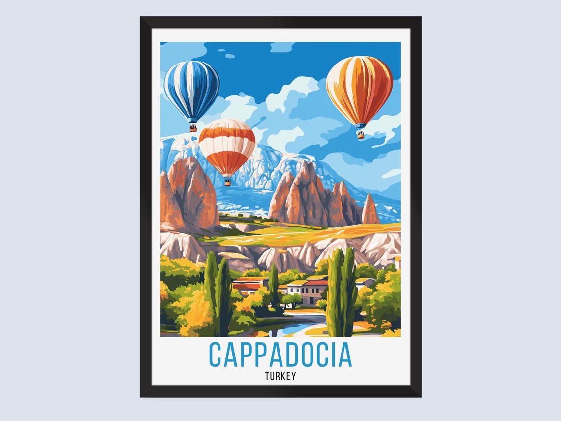 Cappadocia Turkey Hot Air Balloons Fairy Chimneys Retro Travel Poster