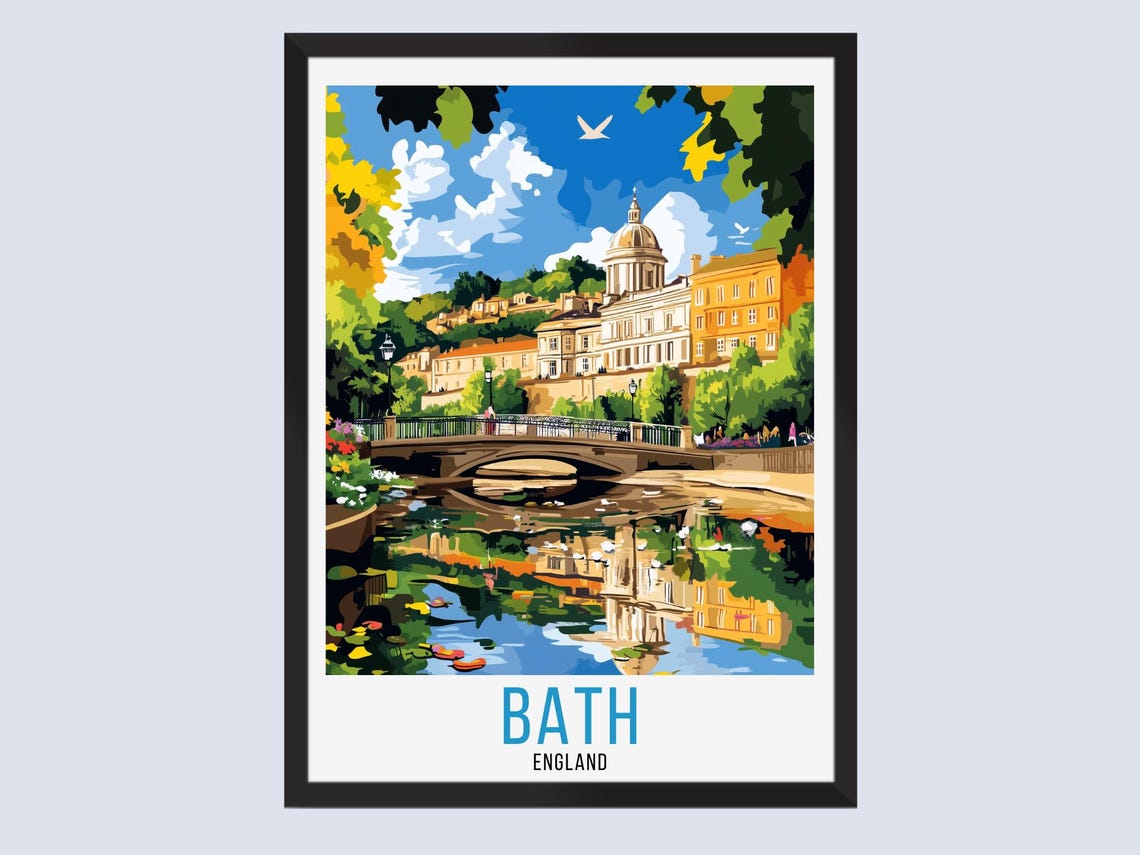 Bath England Travel Poster Riverside Bridge Georgian City View
