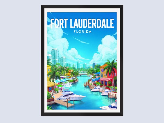 Fort Lauderdale Florida Marina Boats Waterfront Vintage Travel Poster