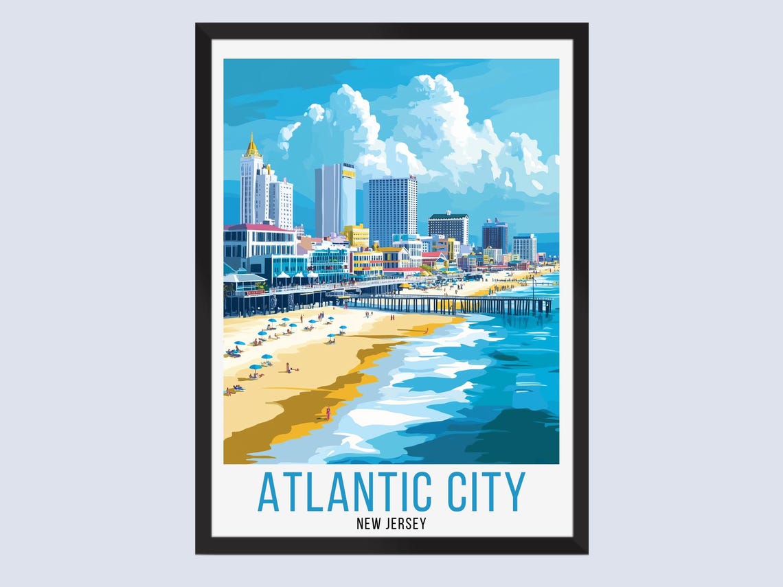 Atlantic City New Jersey Boardwalk Beach Skyline Retro Travel Poster