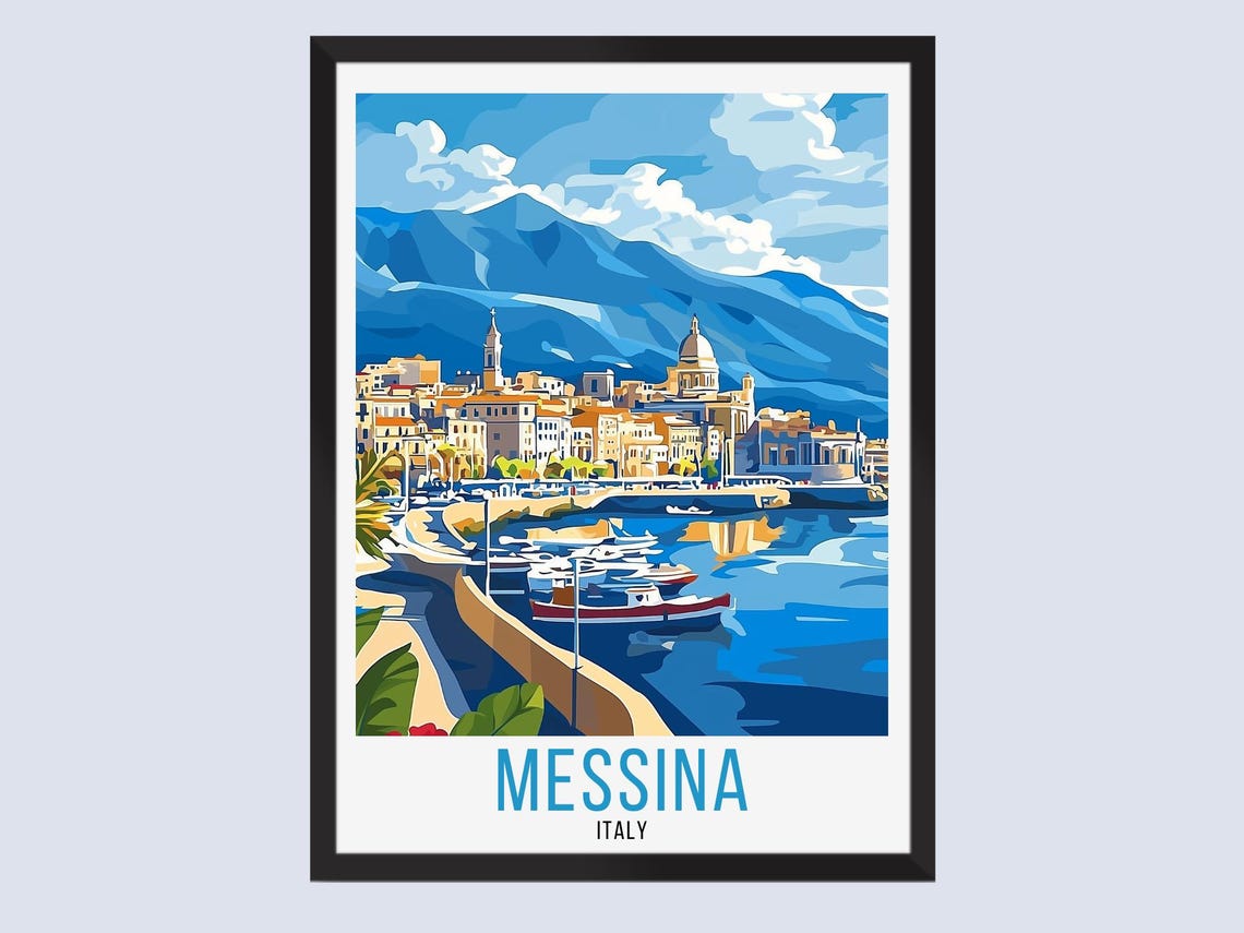 Messina Italy Vintage Travel Art Sicilian Coastal Harbor Town Poster