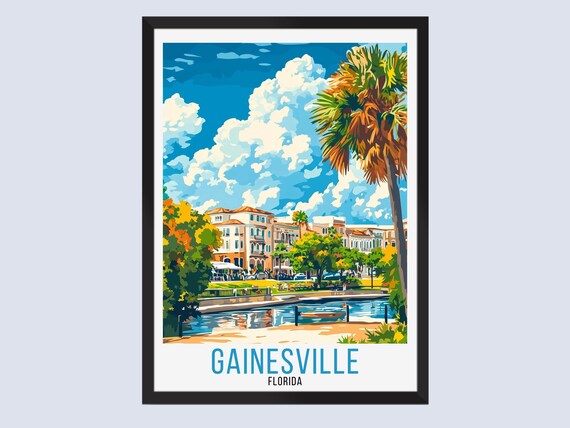 Gainesville Florida Lakeside Park Travel Poster Retro Palm Scene Art