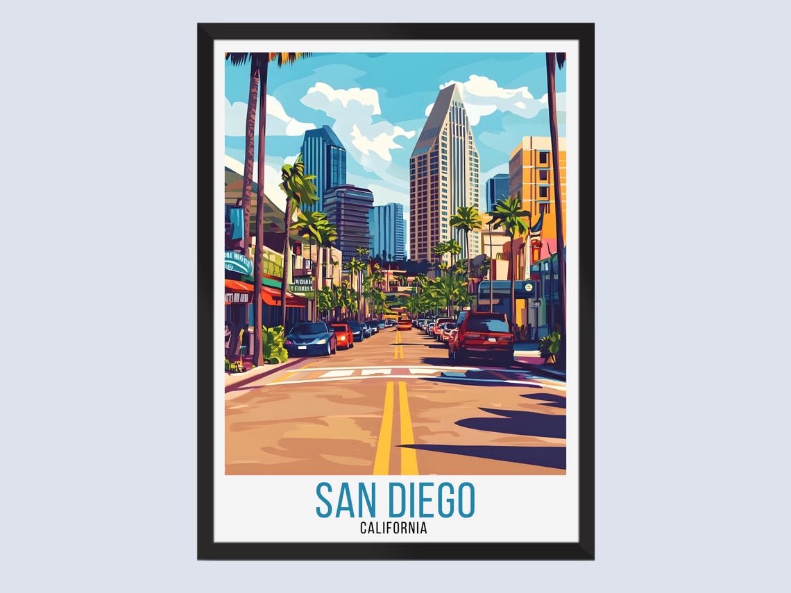 San Diego California Downtown Street Palms Scene Vintage Poster