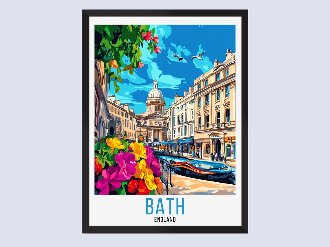 Bath England Historic Riverfront Street Vintage Travel Poster