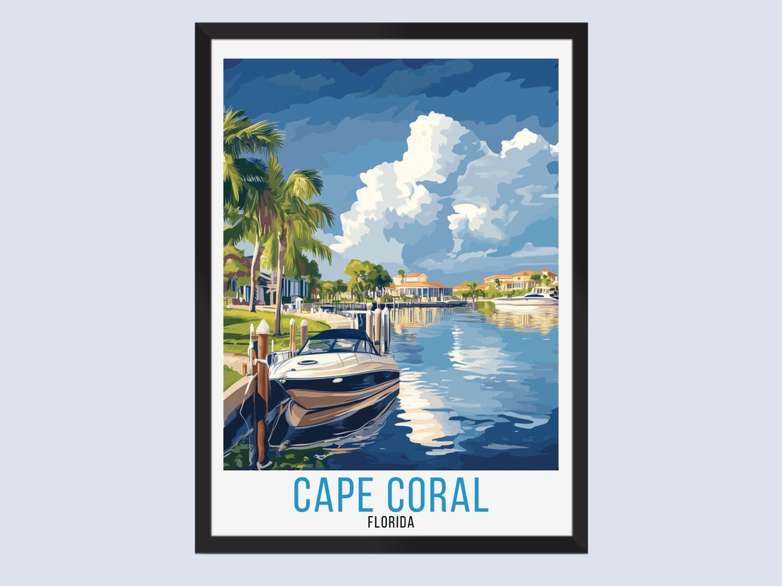 Cape Coral Florida Travel Poster Vintage Marina Boat Palm Trees Scene