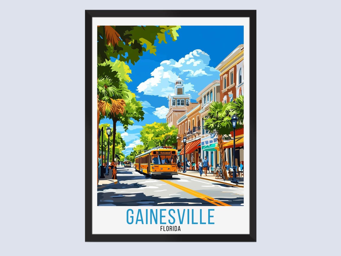 Gainesville Florida Travel Poster Retro Trolley Street Downtown Scene