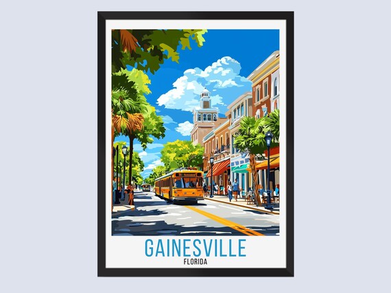 Gainesville Florida Travel Poster Retro Trolley Street Downtown Scene