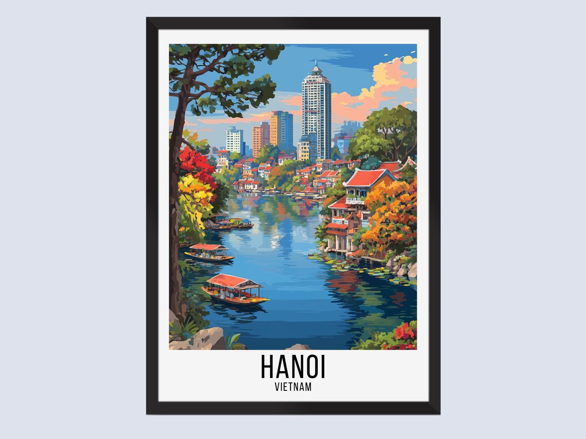 Hanoi Vietnam Lake Boats Red Roof Houses Vintage Travel Poster