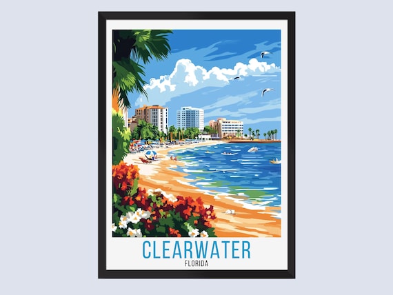 Clearwater Florida Beach Hotels Palm Trees Boats Seagulls Retro Travel Poster