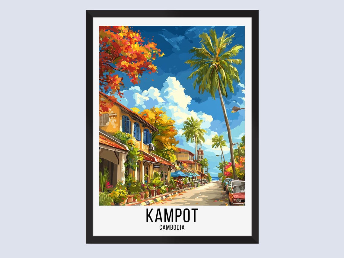 Kampot Cambodia Colorful Riverside Street Palm Trees Travel Poster