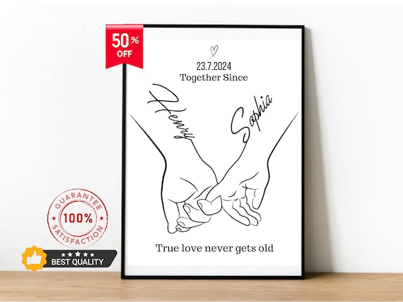 Personalized Couple Holding Hands Line Art Anniversary Date Print