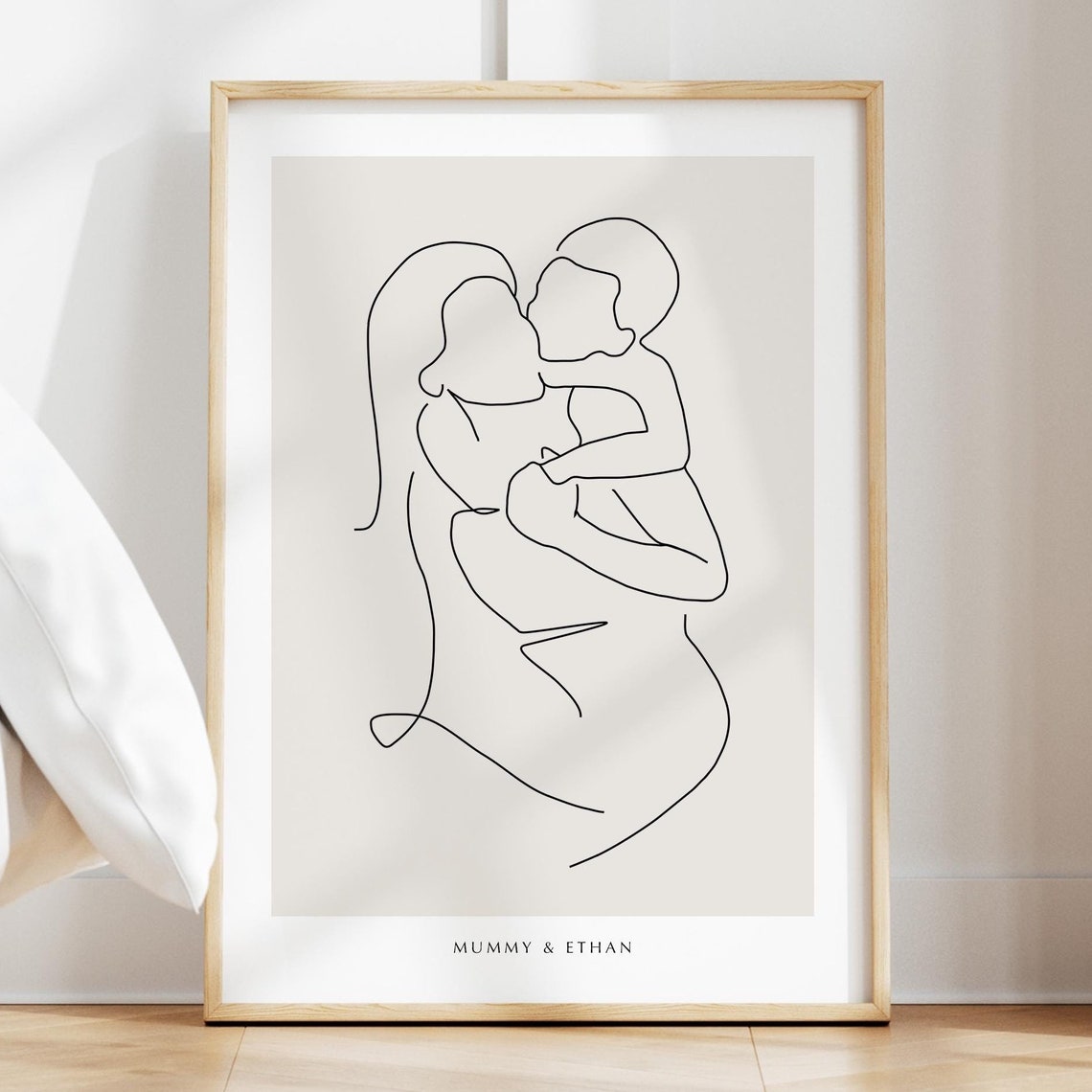 Personalized Mother and Son Embrace Tender One Line Art Poster