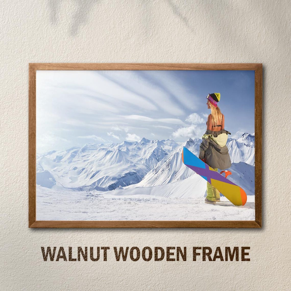 Female Snowboarder Profile Pose Snowy Peak with Colorful Board Poster