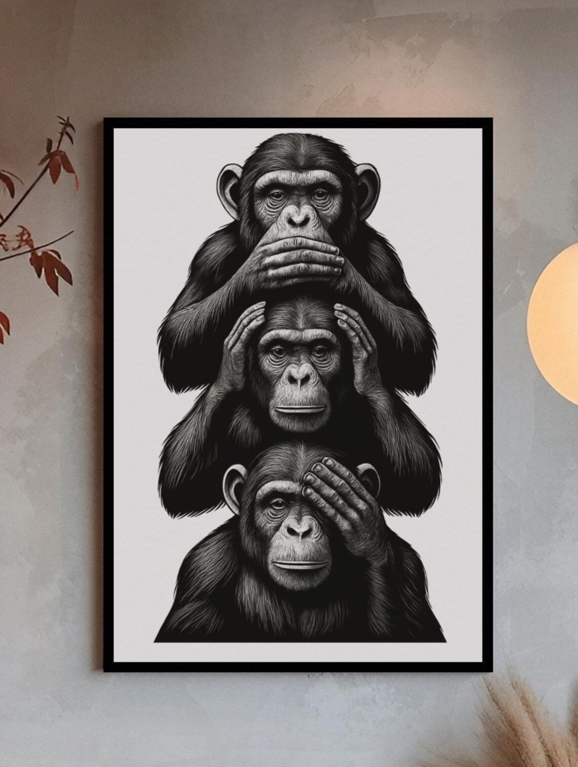 Three Wise Monkeys, Minimalist Animal Decor Poster