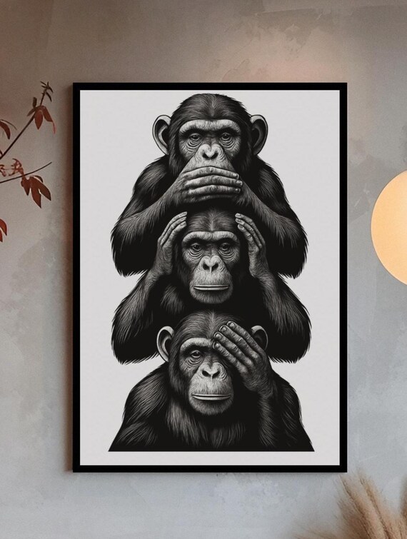 Three Wise Monkeys, Minimalist Animal Decor Poster