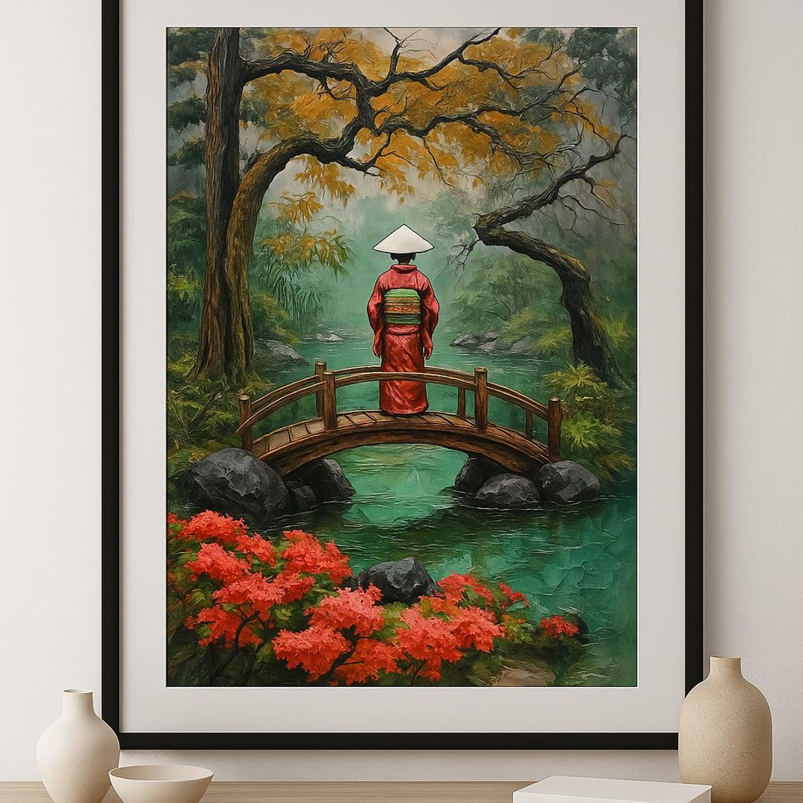Japanese Garden Geisha on Wooden Bridge, Zen Decor - Image 3