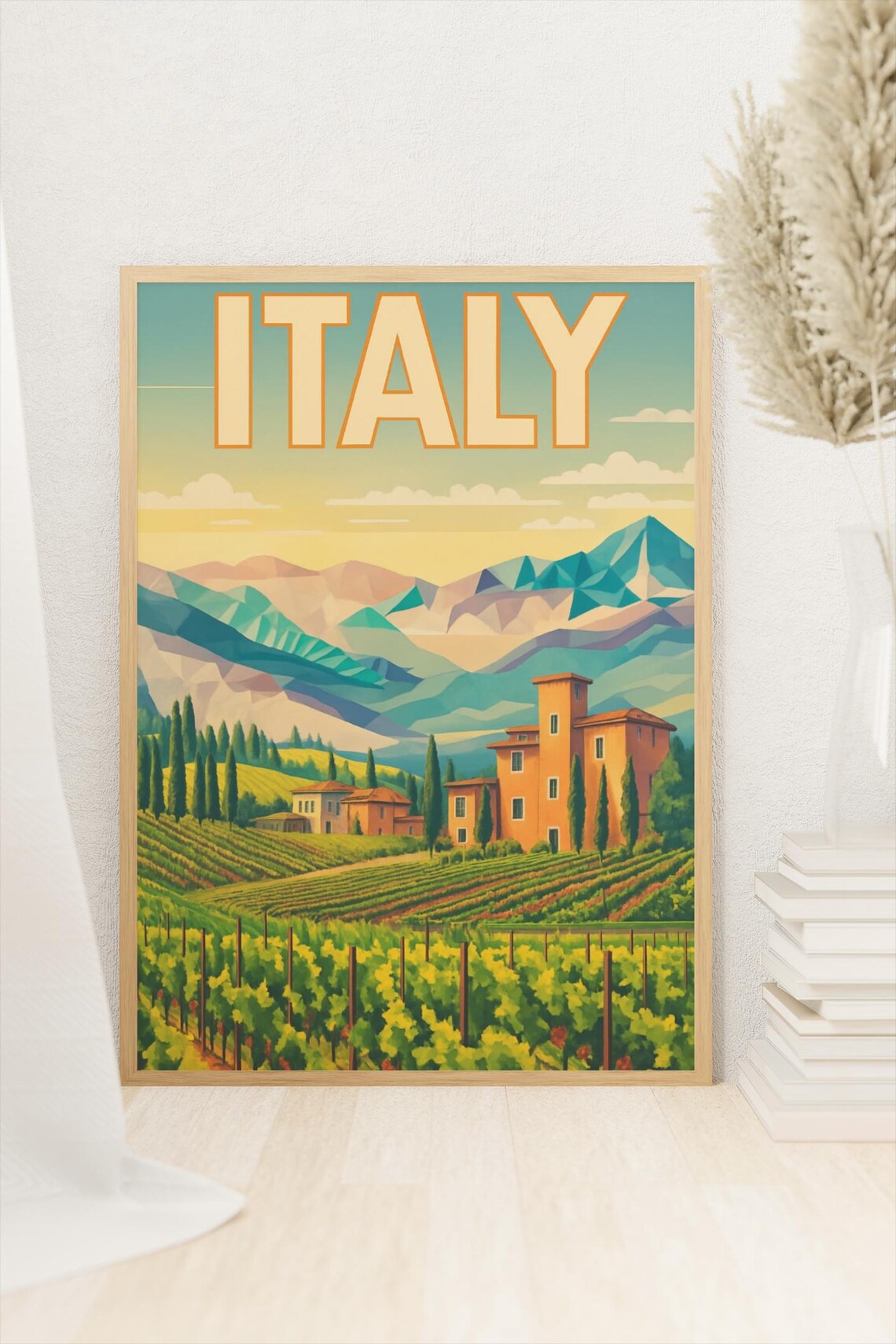 Italy Travel Poster, Tuscany Vineyard Landscape