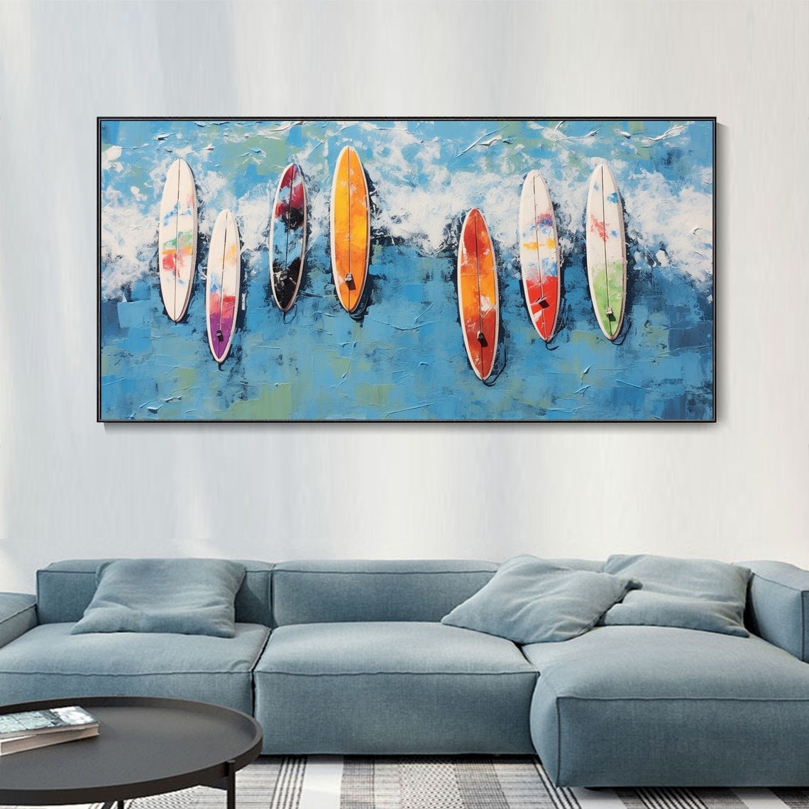 Colorful Surfboards Lineup Blue Ocean Wave Abstract Surf Art Poster