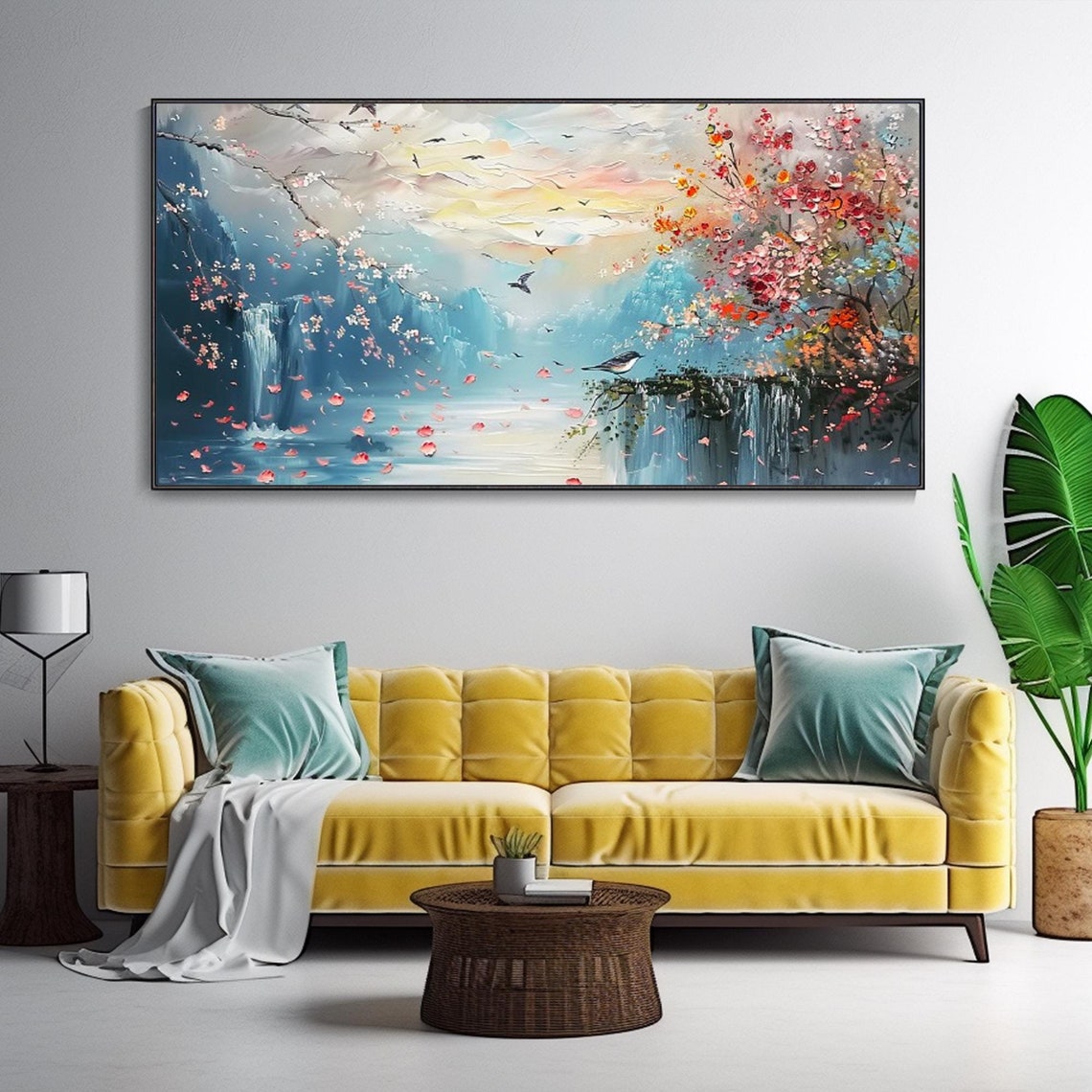Dreamy Waterfall Blossom Oil Painting Misty Cliffs Birds Scene Poster
