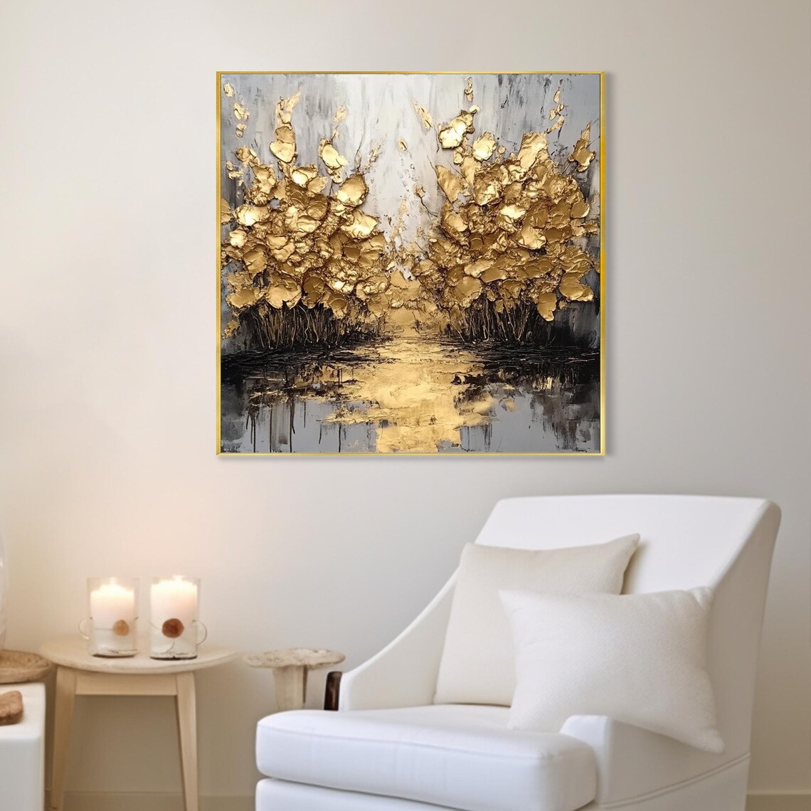 Golden Trees Abstract Oil Painting Gold Leaf Gray Background Wall Art