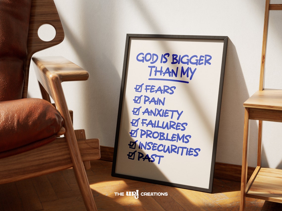 God Is Bigger Christian Wall Art Blue Minimalist Bible Verse Poster Retro Scripture Wall Art Inspiring Affirmation Poster Print Home Decor - Image 4