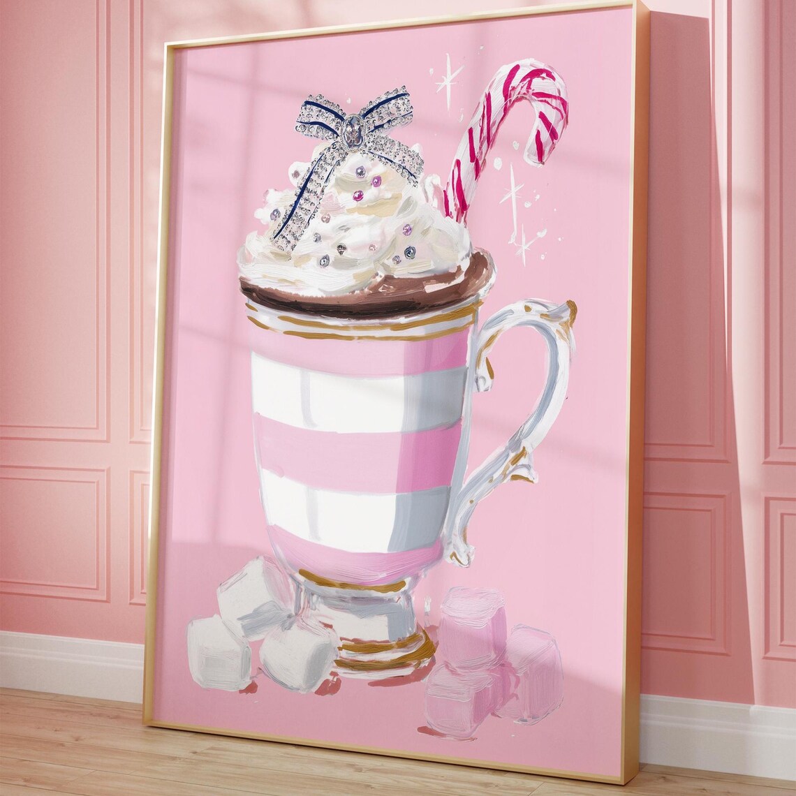 Watercolor Cocoa Coquette Pink Christmas Drink Art Print
