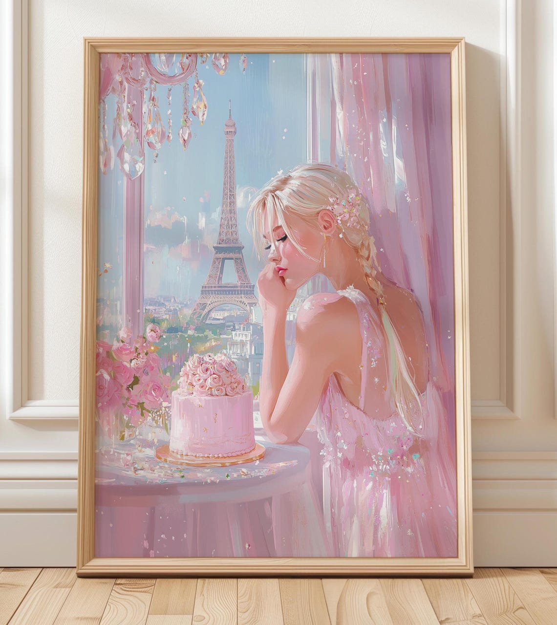 Blonde Girl Pink Cake Eiffel Tower Paris Window View Art Poster