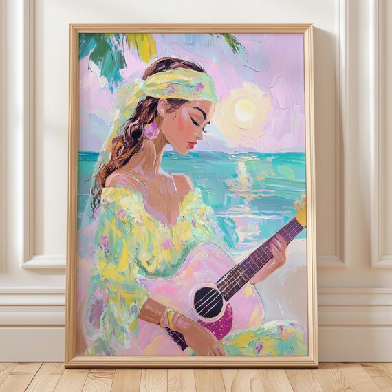 Beach Guitar Girl Tropical Sunset Boho Coastal Music Art Poster