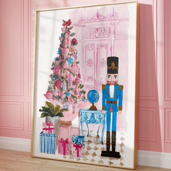 Blue Nutcracker Soldier Beside Pink Christmas Tree Girly Holiday Print