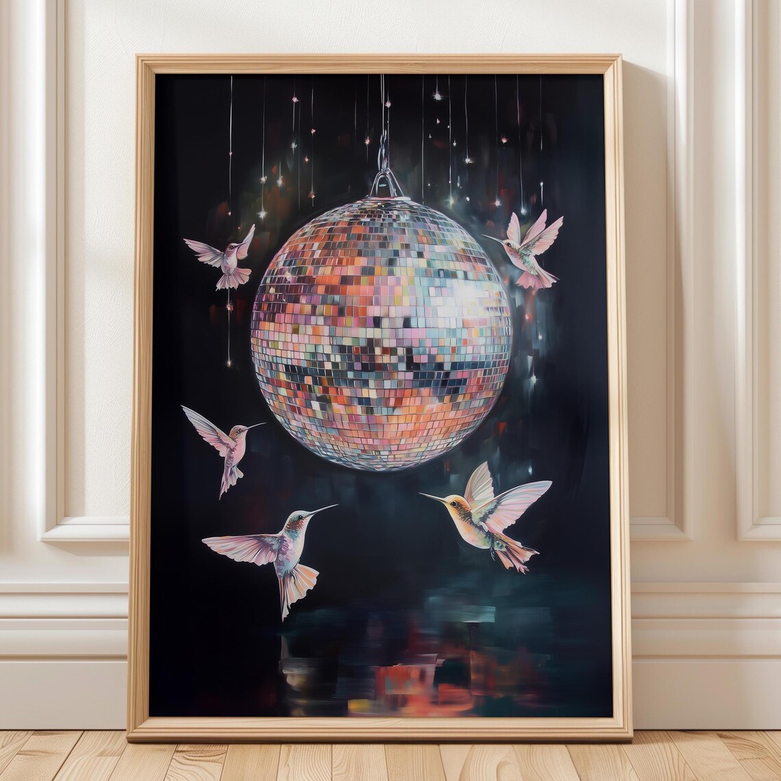 Hummingbirds Around Disco Ball Retro Glam Nightlife Painting Poster