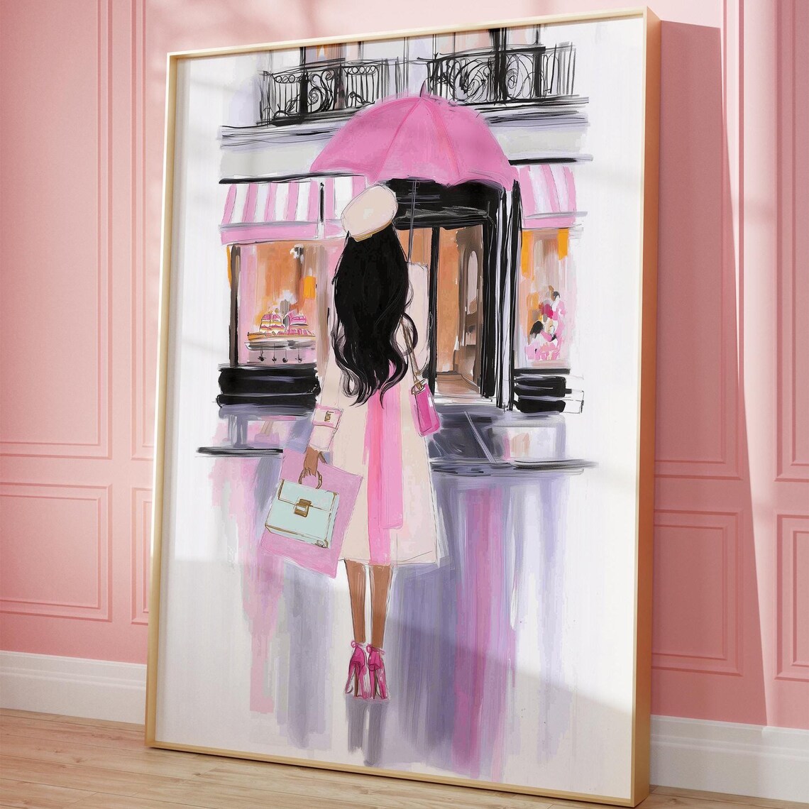Paris Street Fashion Poster Pink Umbrella Shopping Girl Rainy Day Decor Art