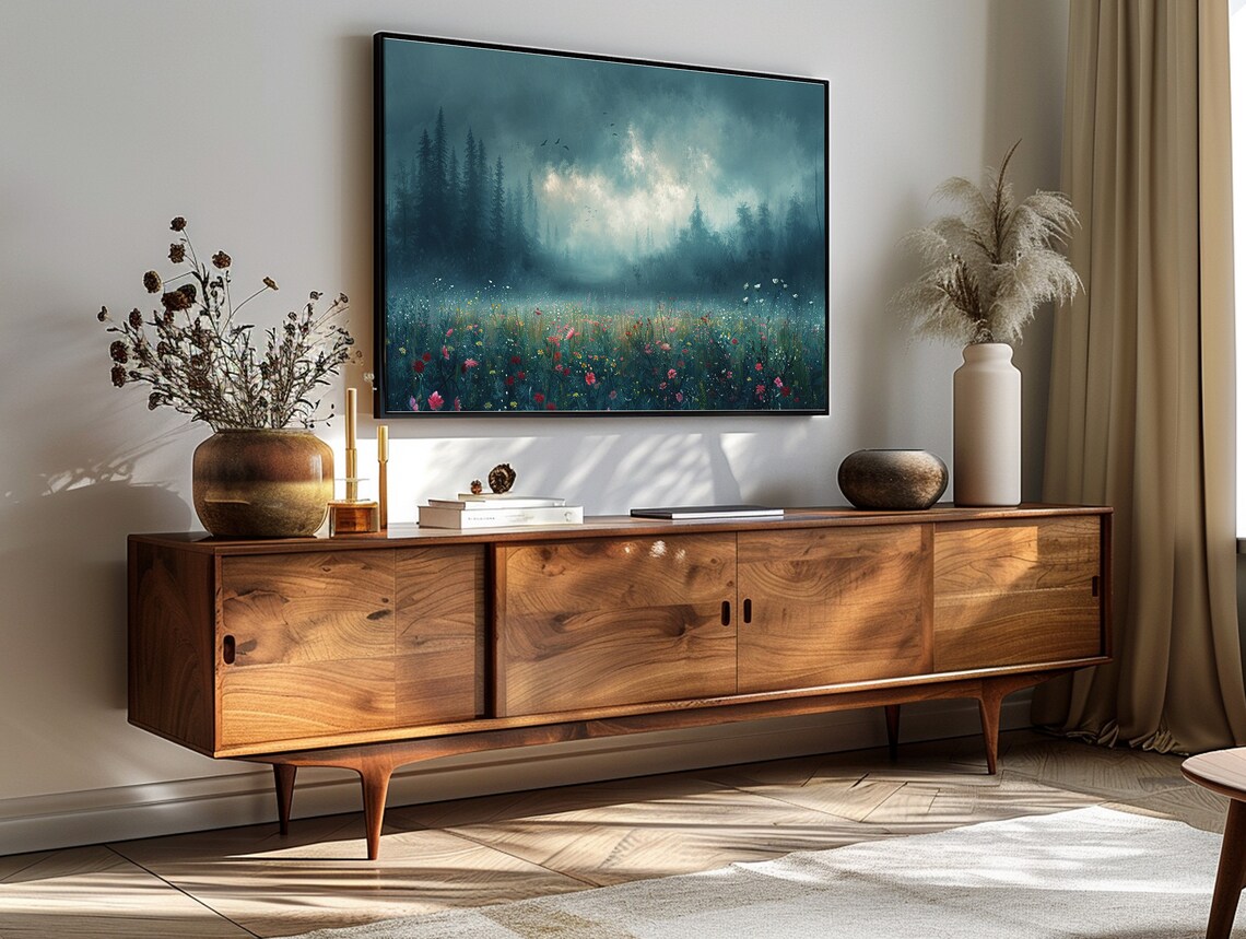Moody Wildflower Meadow Dark Pine Forest Stormy Dusk Landscape Poster - Image 3