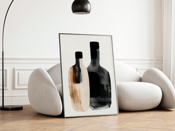 Minimalist Bottle Silhouette Pair Black Tan Brushstroke Art Poster