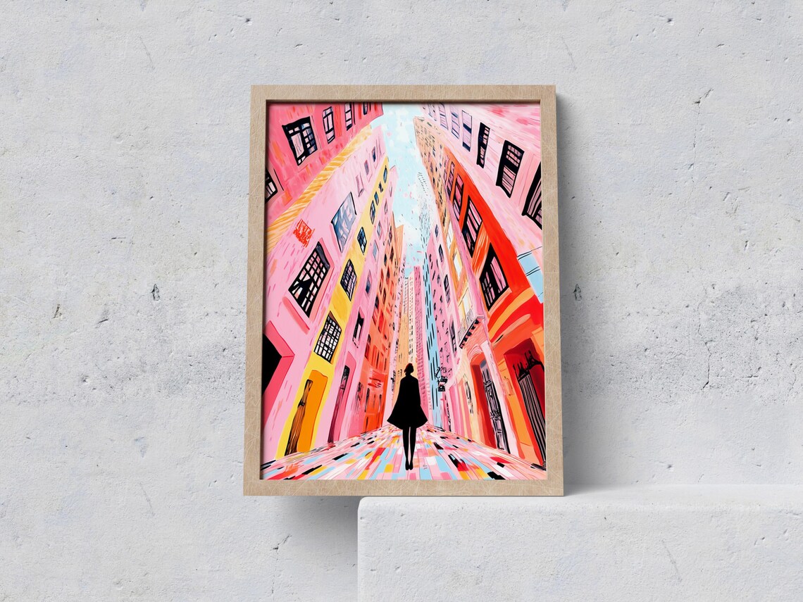 Pink City Street Wanderer Woman Silhouette Illustration Poster