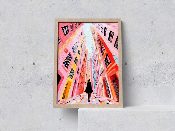 Pink City Street Wanderer Woman Silhouette Illustration Poster
