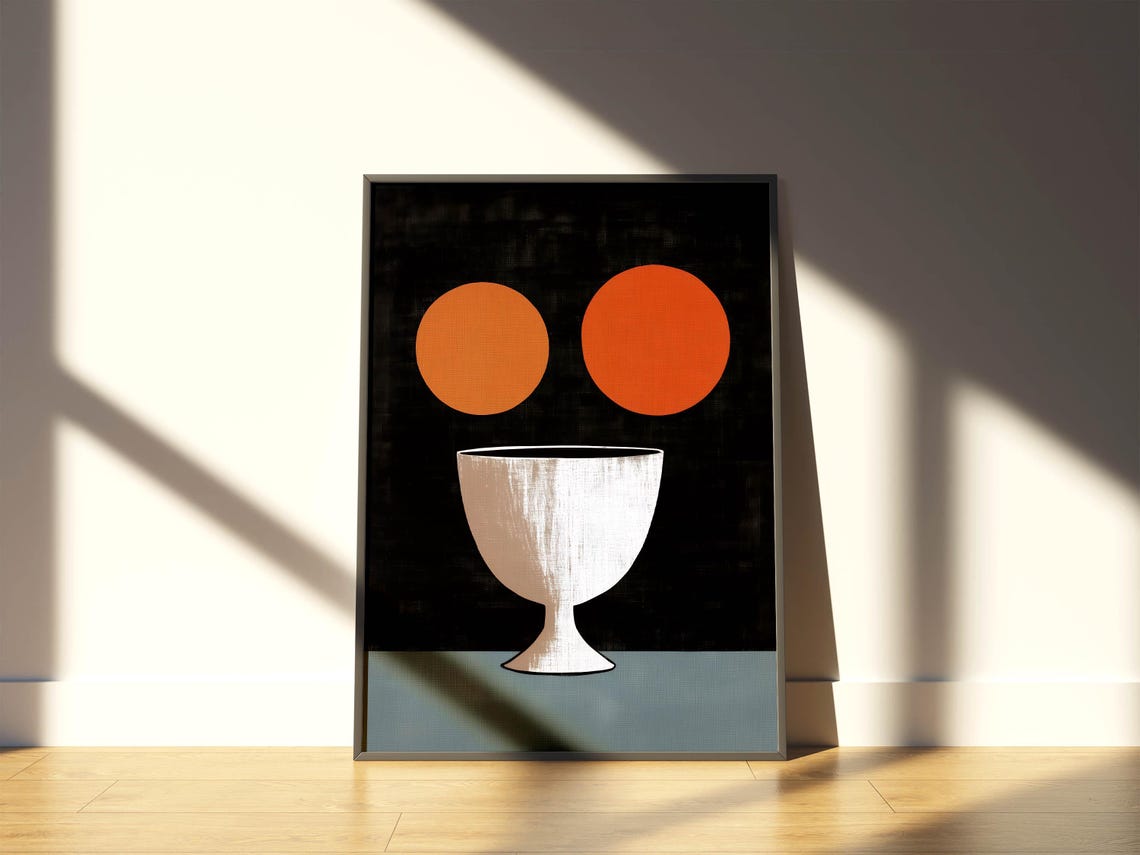 Minimalist White Goblet with Orange Circles on Black Abstract Poster