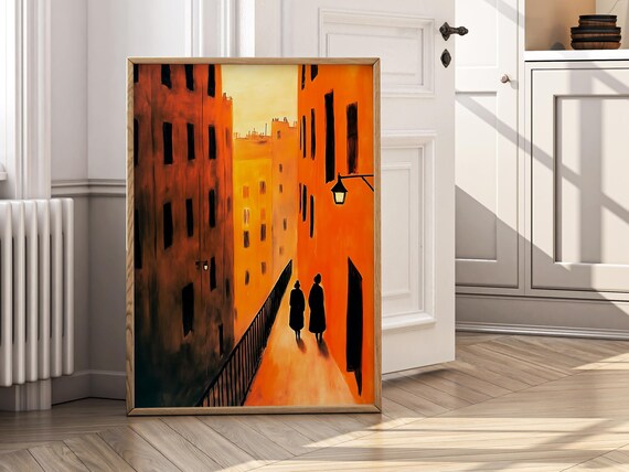 Vintage Italian Alley Glowing Orange Two Silhouettes Walk Poster