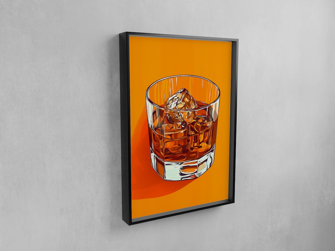 Retro Whiskey Glass with Ice Pop Art Poster for Man Cave Bar Decor