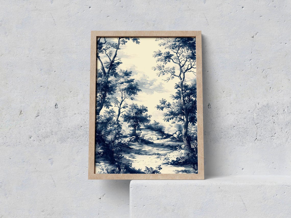Blue Chinoiserie Toile De Jouy Woodland Path Landscape Poster