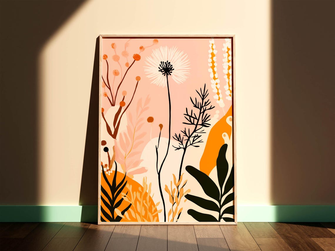 Mid Century Modern Botanical Dandelion Coral Abstract Poster