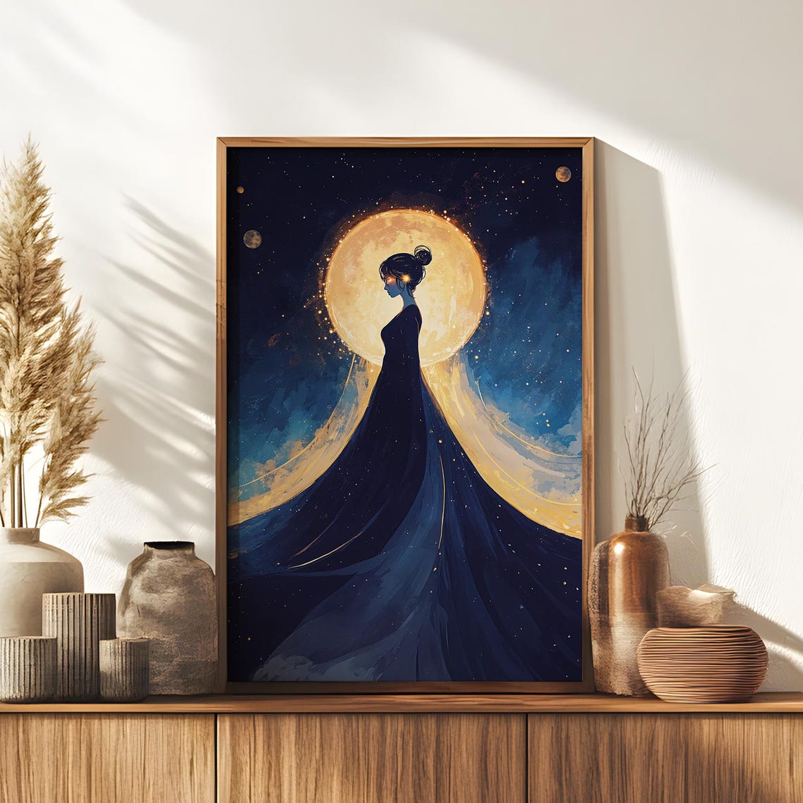 Woman Silhouette Golden Full Moon Flowing Starry Gown Dream Poster