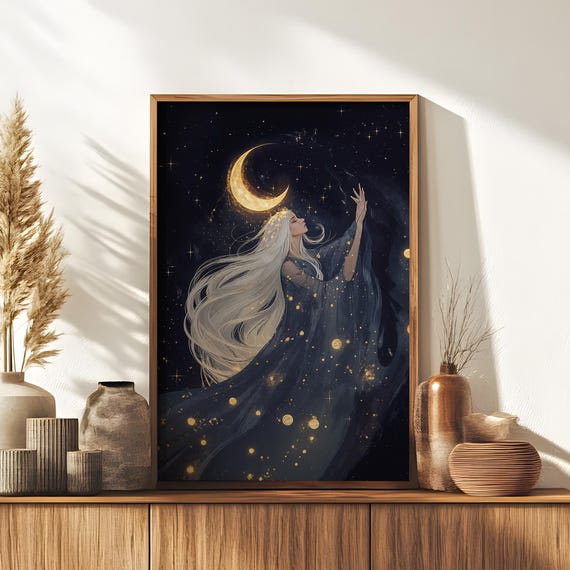 Celestial Goddess Art Print Mystic Moon Starlit Woman Ethereal Fantasy Wall