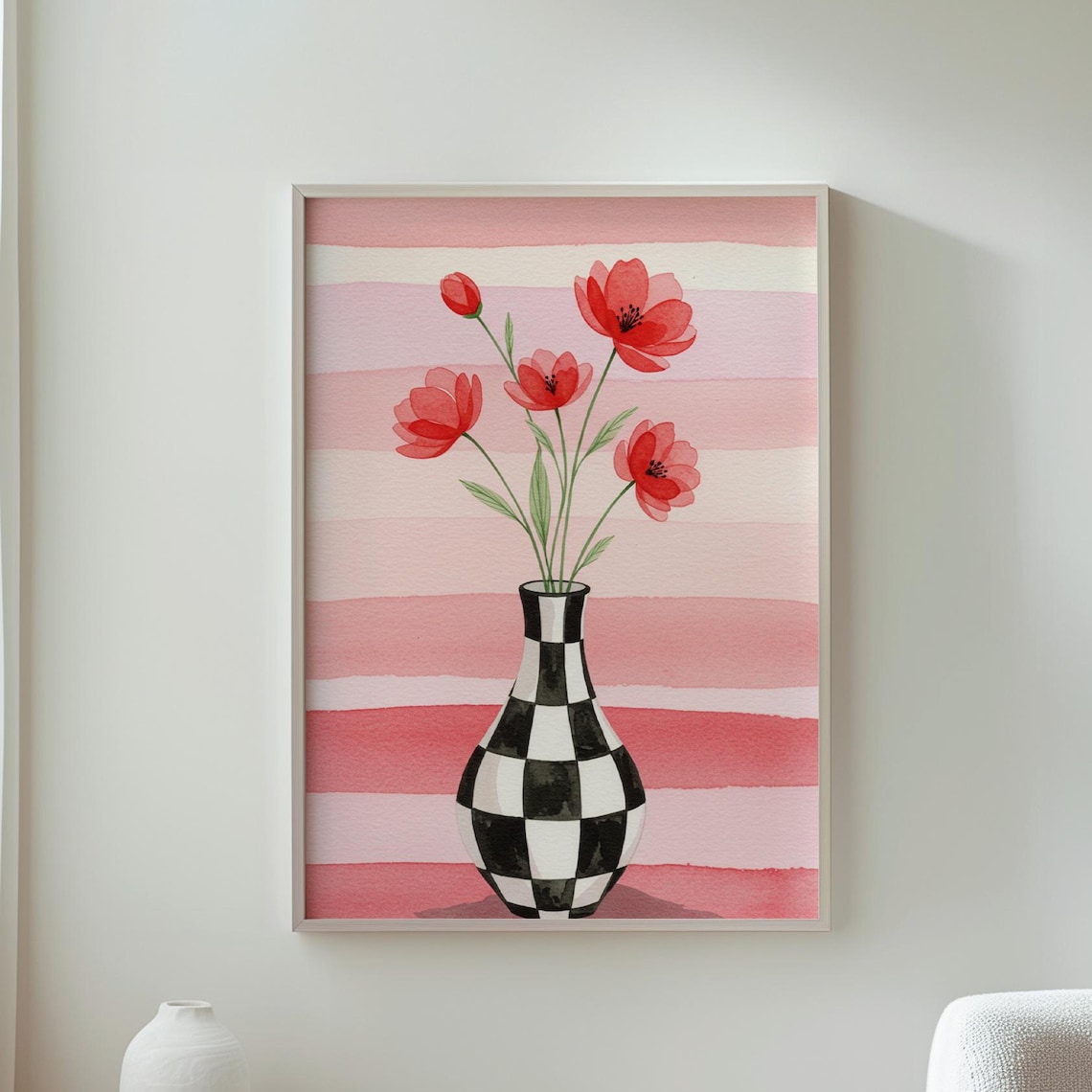 Red Poppy Flowers Checkered Vase Pink Striped Floral Art Poster