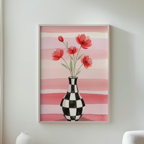 Modern Botanical Wall Art Pink Striped Floral Print Feminine Decor Nursery Home