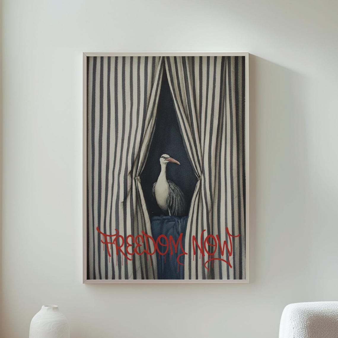 Freedom Now Graffiti Heron Bird Behind Striped Curtain Art Poster
