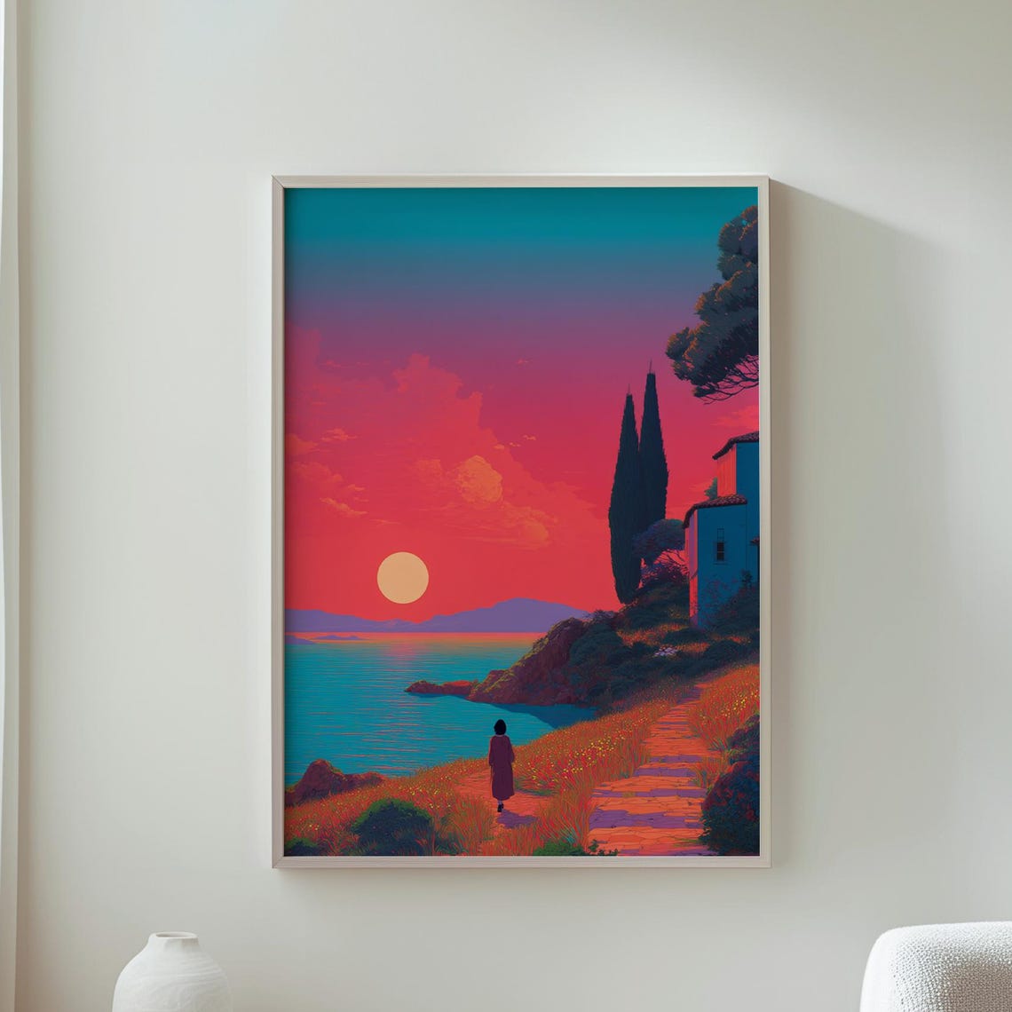 Mediterranean Coast Sunset Path and Village Travel Art Poster